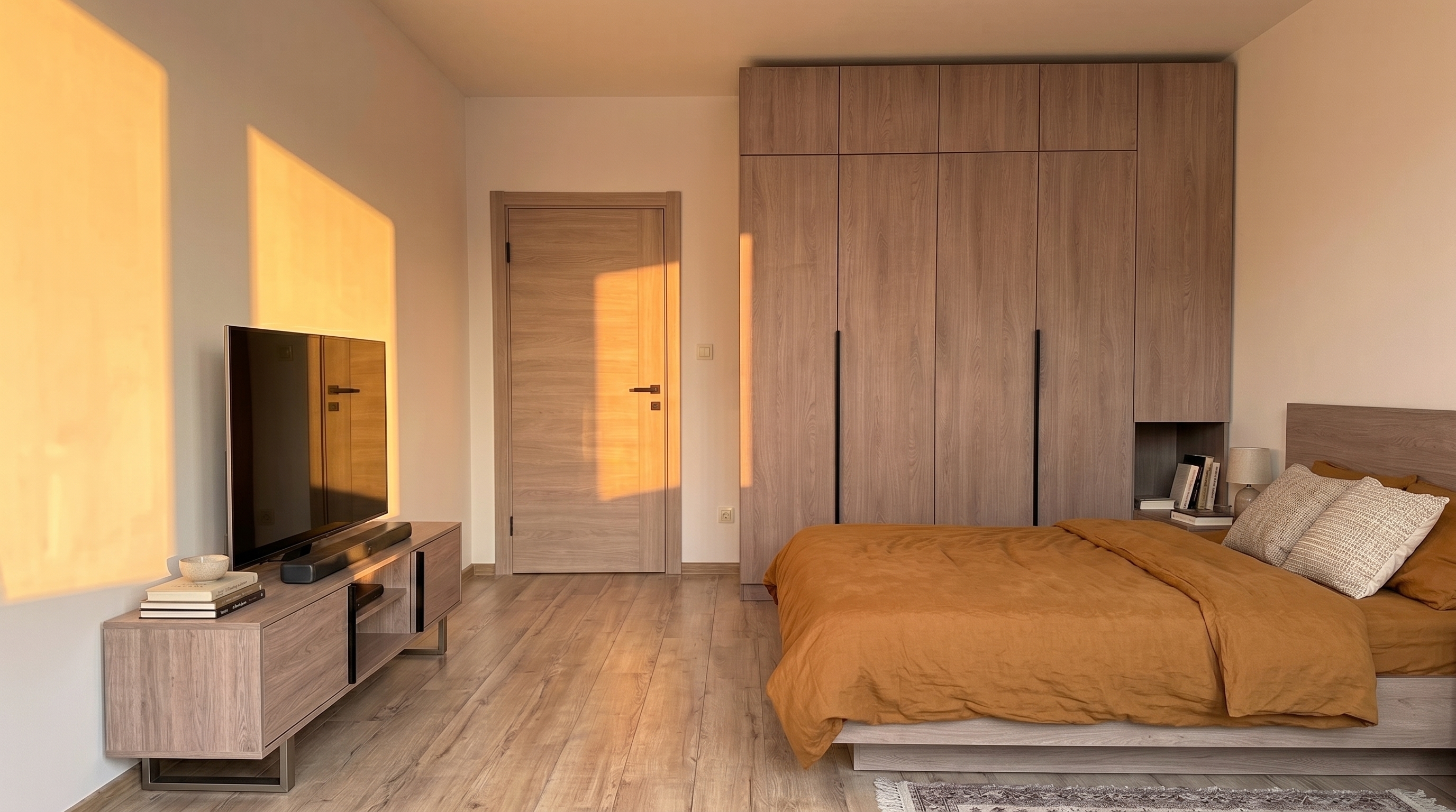 Același dormitor după completare, cu dressing realizat pe tot peretele