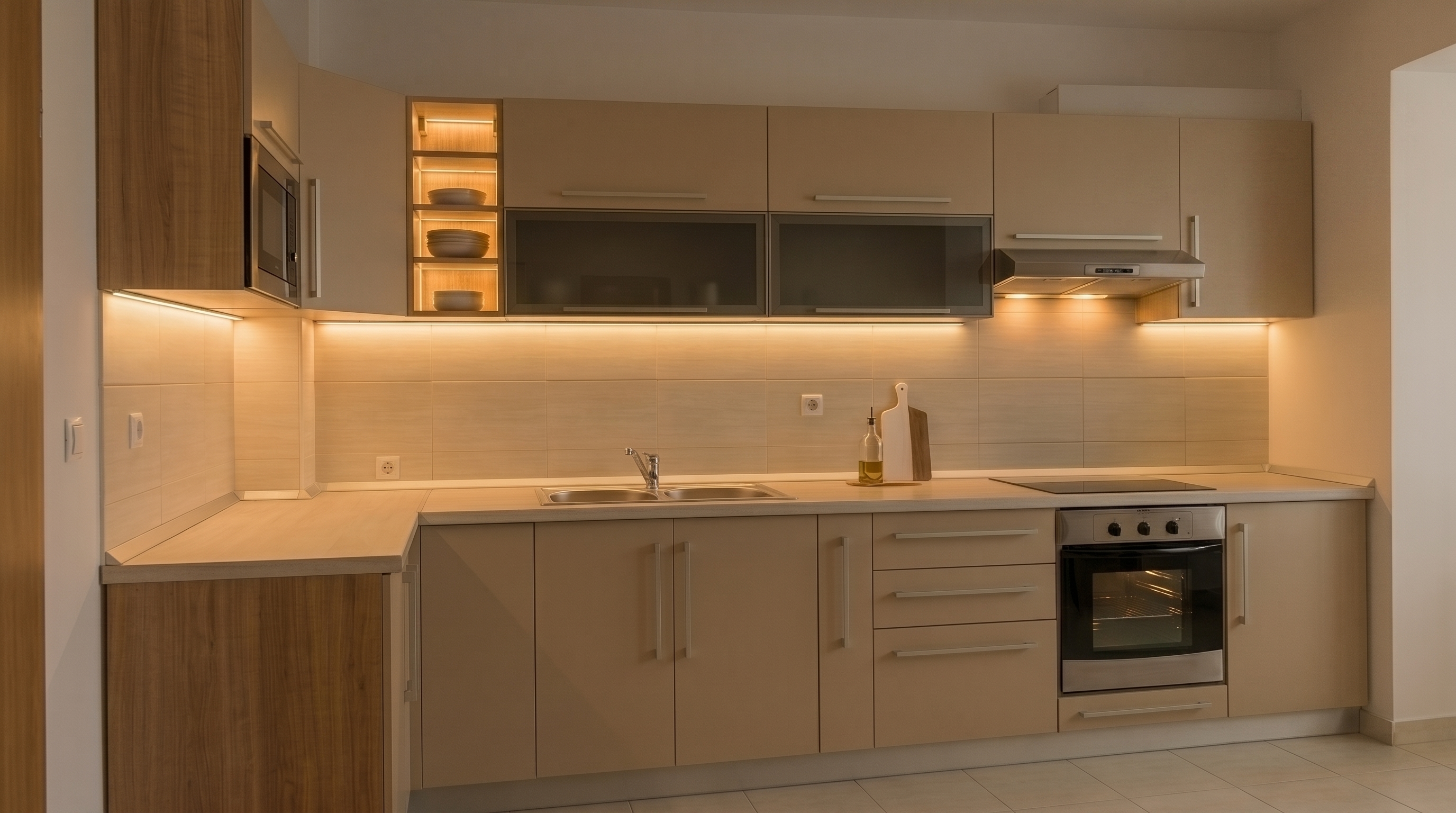 Aceeași bucătărie după refurbisare, cu fronturi mate, rafturi iluminate și bandă LED integrată